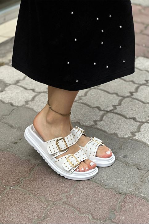 Çift Tokalı Kemerli Yüksek Taban Terlik-Beyaz