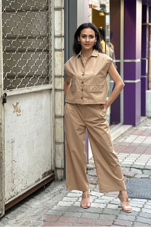 Sahte Cepli Yelekli Bol Paça İkili Keten Takım-Krem