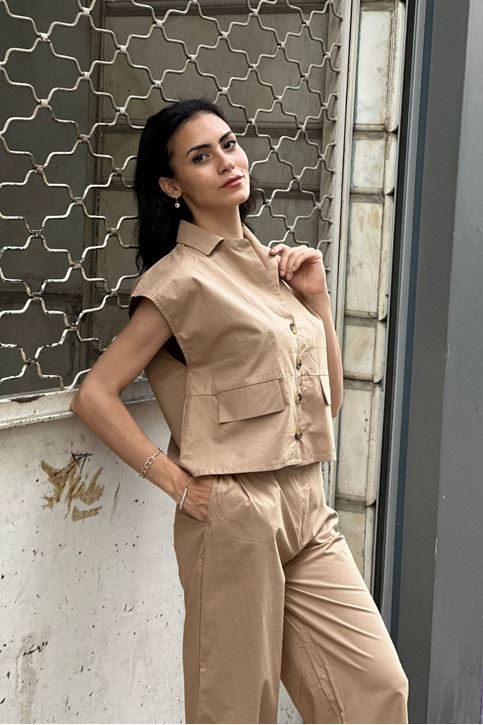 Sahte Cepli Yelekli Bol Paça İkili Keten Takım-Krem