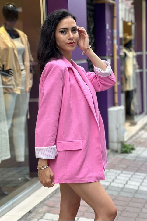 Astarı Çizgili Vatkalı Keten Ceket-Pembe