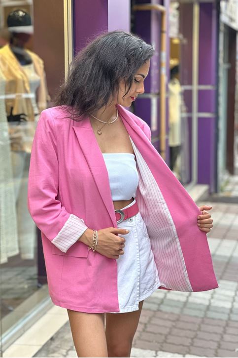 Astarı Çizgili Vatkalı Keten Ceket-Pembe