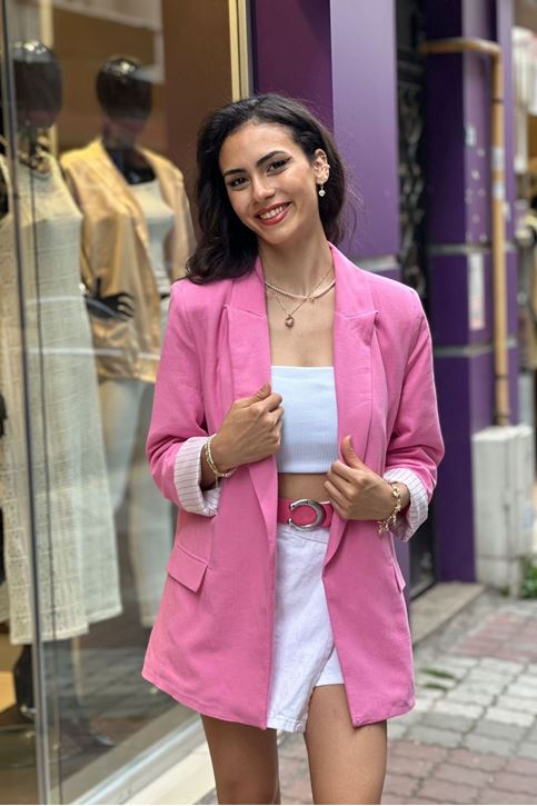 Astarı Çizgili Vatkalı Keten Ceket-Pembe