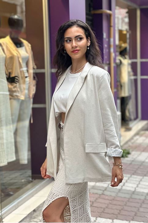 Astarı Çizgili Vatkalı Keten Ceket-Krem