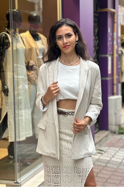 Astarı Çizgili Vatkalı Keten Ceket-Krem