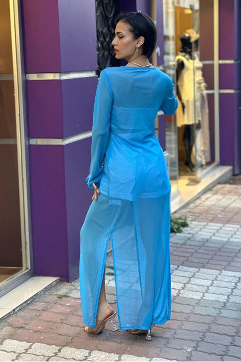 Bilekleri Bağlamalı Şifon Kimono-Mavi