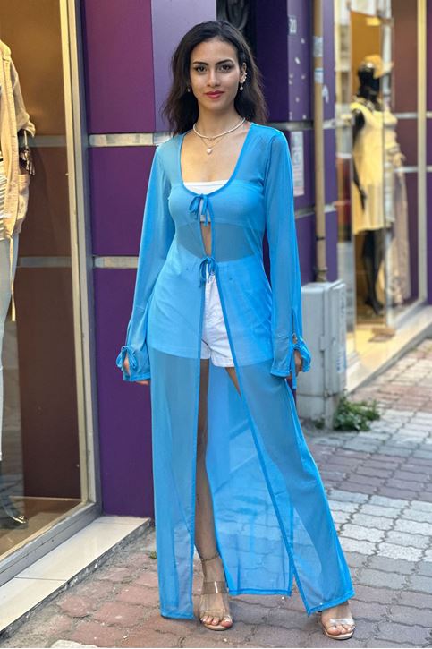 Bilekleri Bağlamalı Şifon Kimono-Mavi