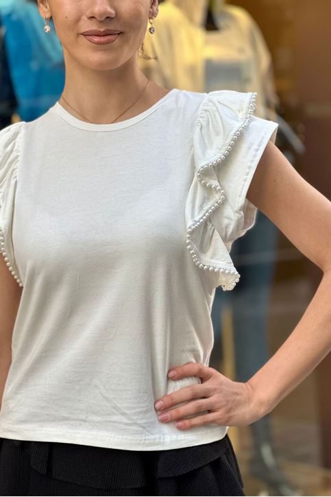 Yuvarlak Yaka İnci Detaylı Kolları Volanlı Bluz-Beyaz