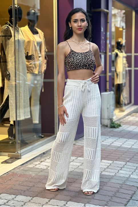 Merserize Şerit Örgü Desen Bel Lastikli Pantolon-Krem