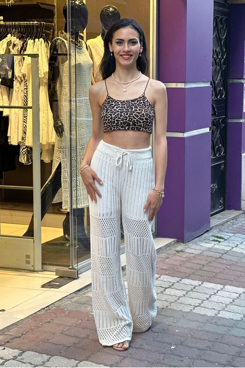 Merserize Şerit Örgü Desen Bel Lastikli Pantolon-Krem