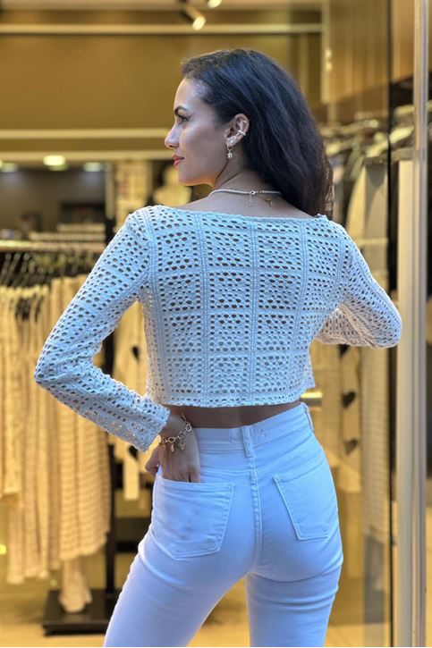 Ön Aksesuar Bağlamalı Mini Hırka-Krem