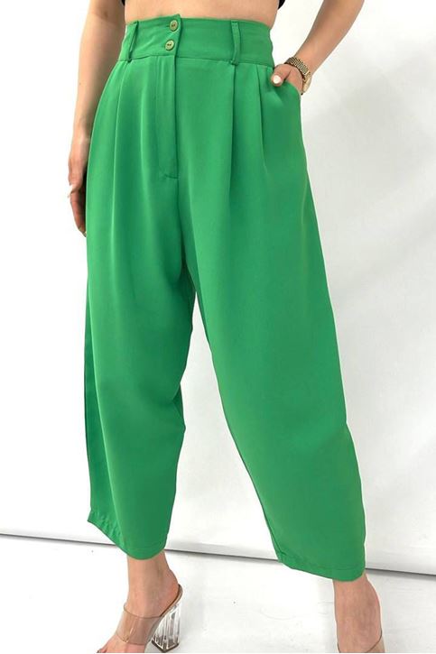 Ön Bel Pileli Salaş Kumaş Pantolon-Yeşil