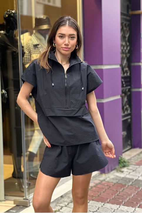 Yaka Fermuarlı Keten Şortlu İkili Takım-Siyah