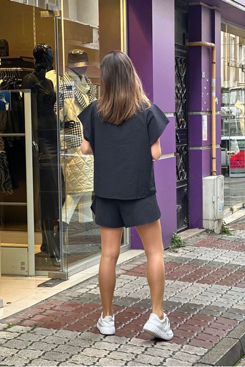 Yaka Fermuarlı Keten Şortlu İkili Takım-Siyah
