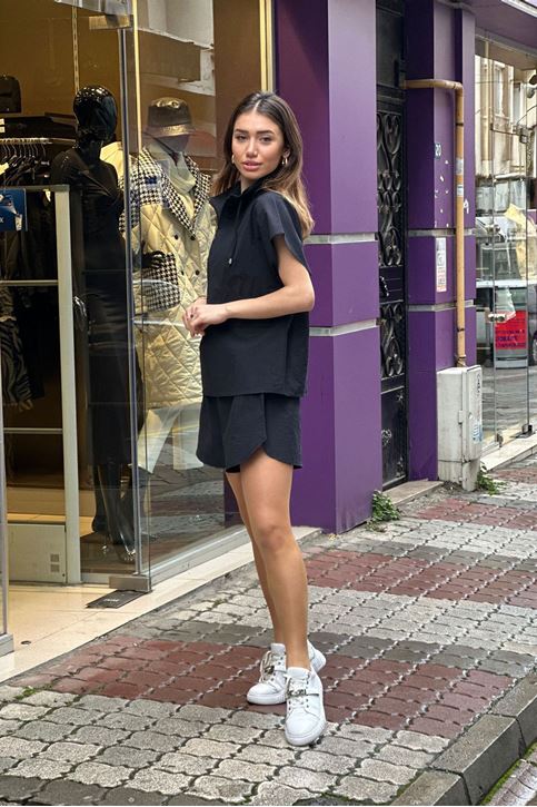 Yaka Fermuarlı Keten Şortlu İkili Takım-Siyah