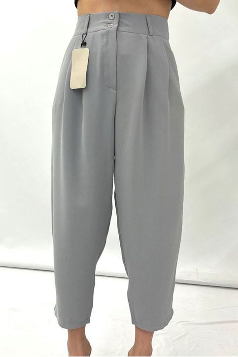 Ön Bel Pileli Salaş Kumaş Pantolon-Gri