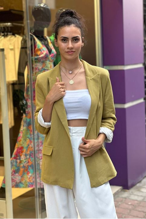 Astarı Çizgili Vatkalı Keten Ceket-Yağ Yeşili