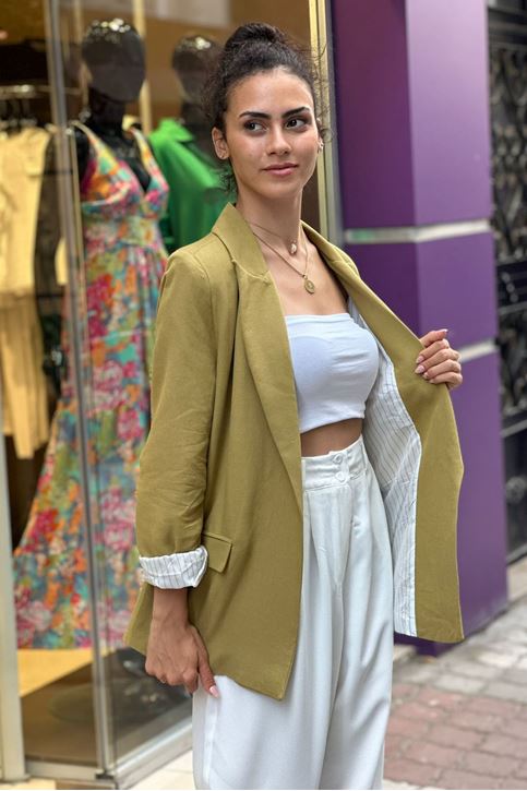 Astarı Çizgili Vatkalı Keten Ceket-Yağ Yeşili