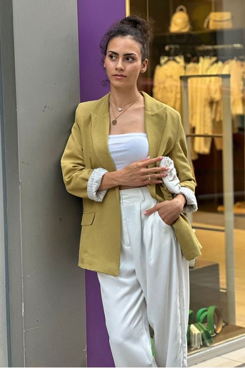 Astarı Çizgili Vatkalı Keten Ceket-Yağ Yeşili