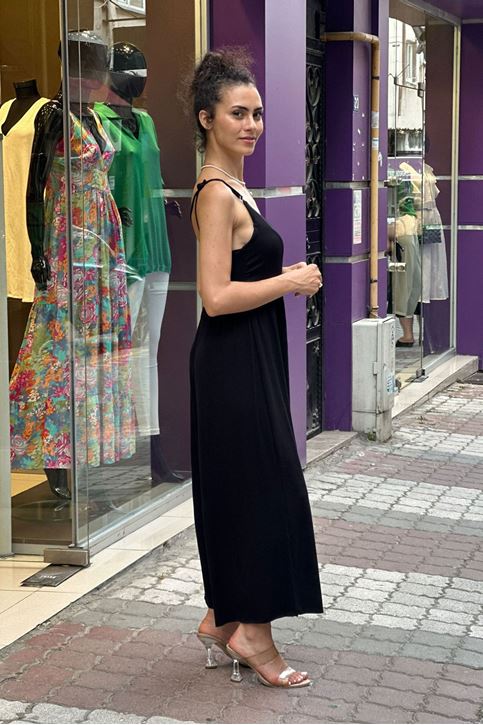 Arkası Çapraz Askılı Bol Paça Penye Tulum-Siyah