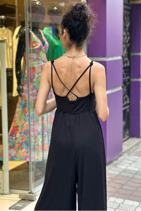 Arkası Çapraz Askılı Bol Paça Penye Tulum-Siyah