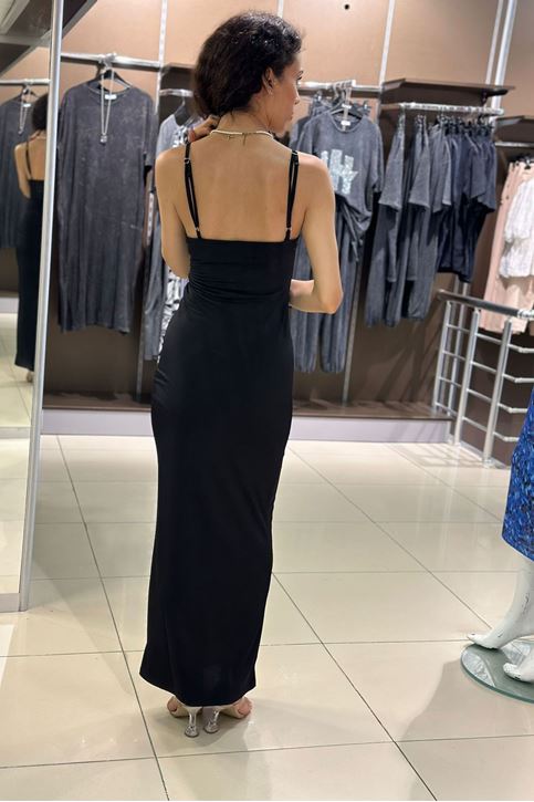 Askısı Ayarlanabilir Uzun Sandy Doku Elbise-Siyah