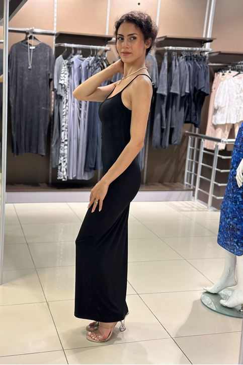 Askısı Ayarlanabilir Uzun Sandy Doku Elbise-Siyah