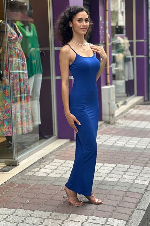 Askısı Ayarlanabilir Uzun Sandy Doku Elbise-Saksmavi