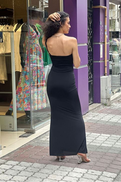 Tek Omuz Gül Detaylı Sandy Midi Elbise-Siyah