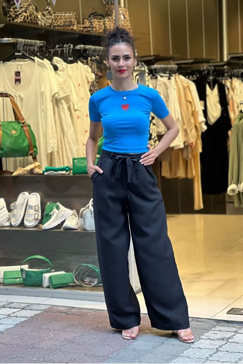 Bel Kuşak Kemerli Tek Düğmeli Tensel Bol Paça Pantolon-Siyah