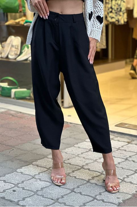 Ön Bel Pileli Salaş Kumaş Pantolon-Siyah