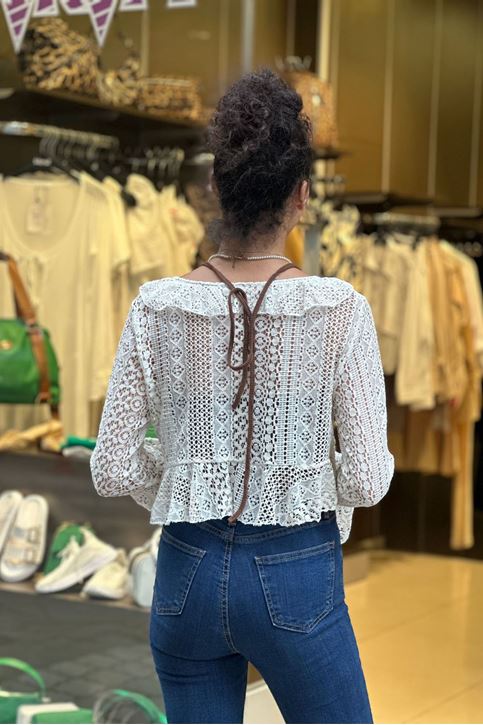 İçi Croplu Yumuşak Doku Dantel Hırka-Krem