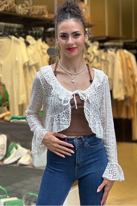 İçi Croplu Yumuşak Doku Dantel Hırka-Krem