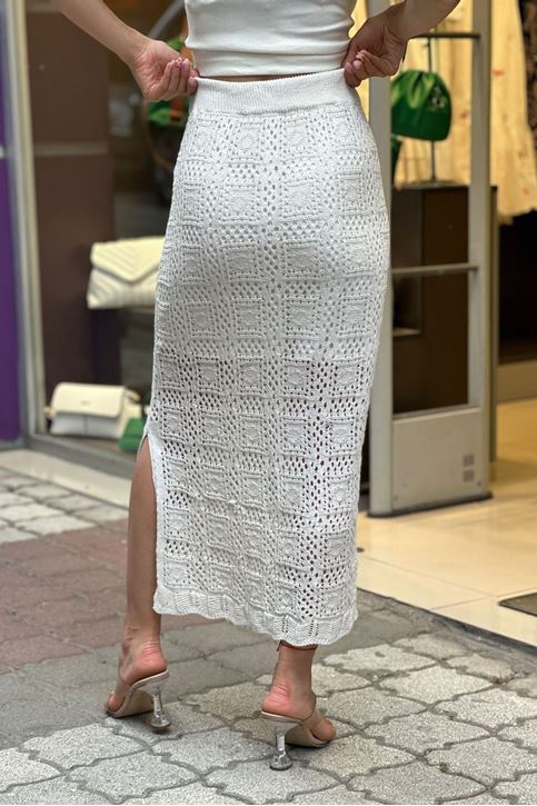 Bel Lastikli Merserize Yırtmaçlı Etek-Krem