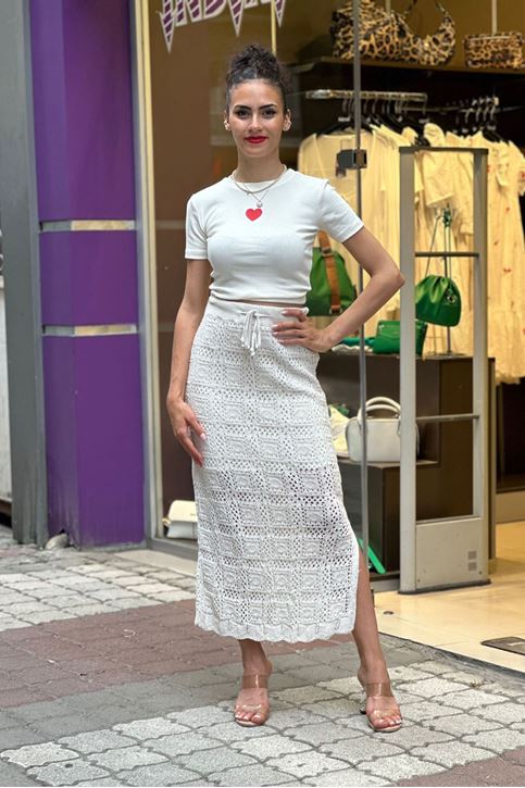 Bel Lastikli Merserize Yırtmaçlı Etek-Krem