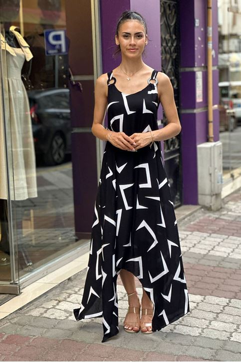 Askısı Halkalı Köşeli Desenli Salaş Elbise-Siyah