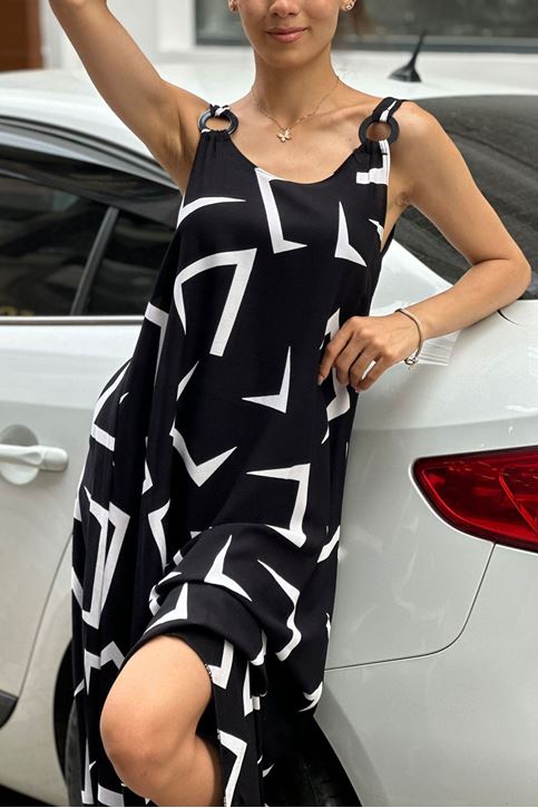 Askısı Halkalı Köşeli Desenli Salaş Elbise-Siyah