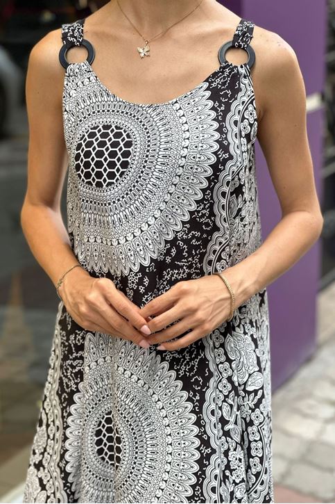 Askısı Halkalı Etnik Desen Salaş Elbise-Siyah Beyaz