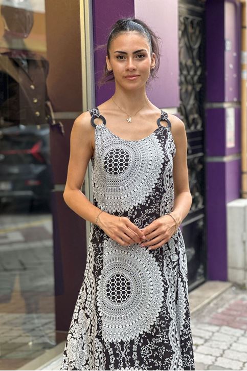 Askısı Halkalı Etnik Desen Salaş Elbise-Siyah Beyaz