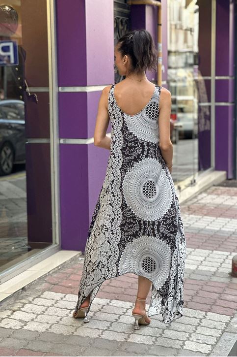 Askısı Halkalı Etnik Desen Salaş Elbise-Siyah Beyaz