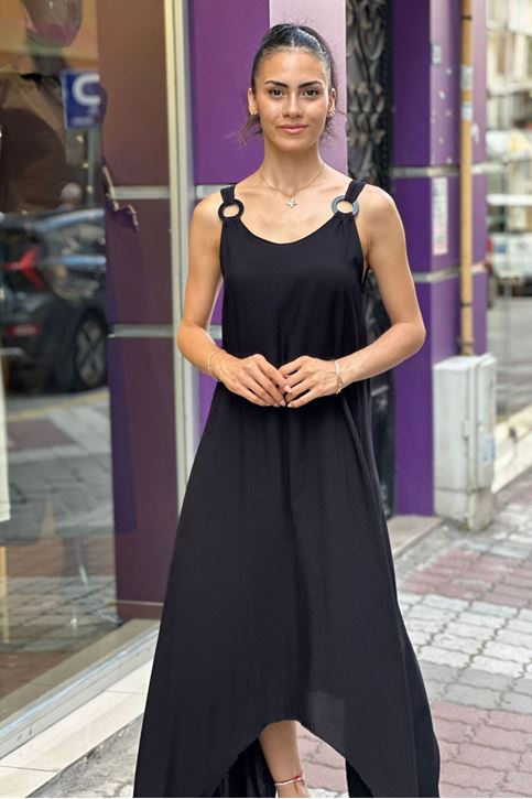 Askısı Halkalı Düz Salaş Elbise-Siyah