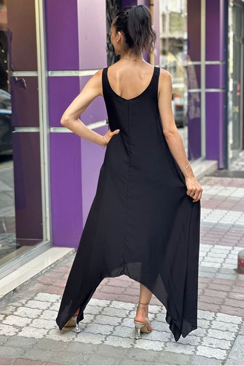 Askısı Halkalı Düz Salaş Elbise-Siyah