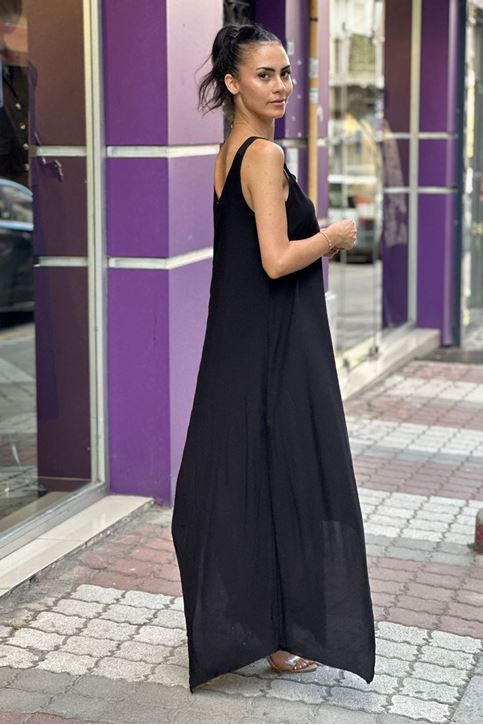 Askısı Halkalı Düz Salaş Elbise-Siyah