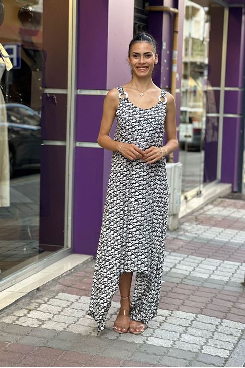 Askısı Halkalı Marka Yazı Desen Salaş Elbise-Beyaz