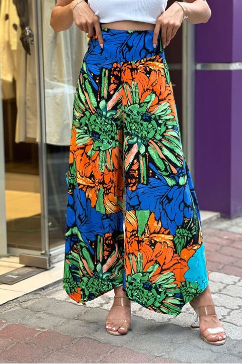 Arka Bel Lastikli Yırtmaçlı Karışık Çiçek Desen Pantolon-Turuncu