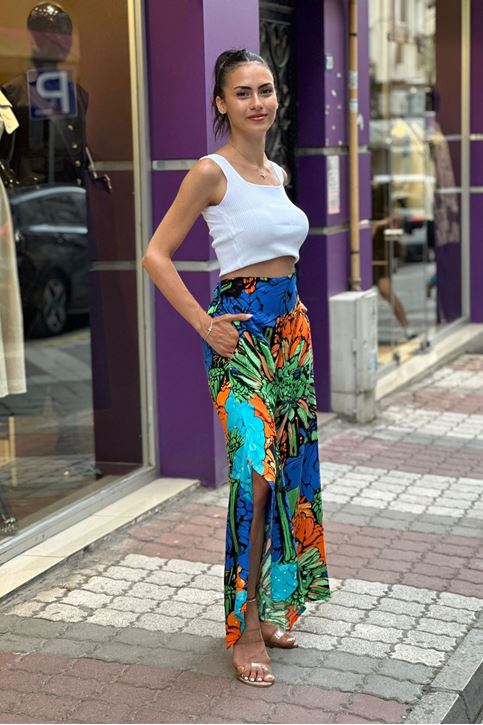 Arka Bel Lastikli Yırtmaçlı Karışık Çiçek Desen Pantolon-Turuncu