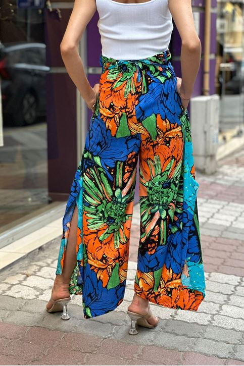 Arka Bel Lastikli Yırtmaçlı Karışık Çiçek Desen Pantolon-Turuncu