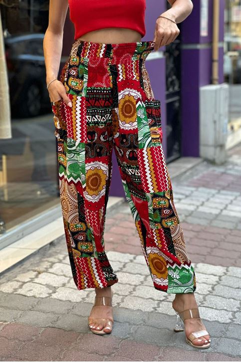 Bel Kalın Korse Lastikli Etnik Desen Şalvar-Kırmızı