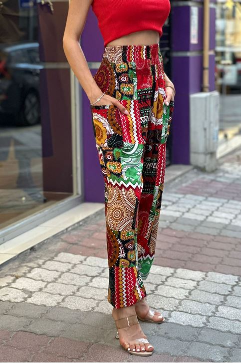 Bel Kalın Korse Lastikli Etnik Desen Şalvar-Kırmızı