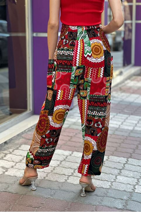 Bel Kalın Korse Lastikli Etnik Desen Şalvar-Kırmızı