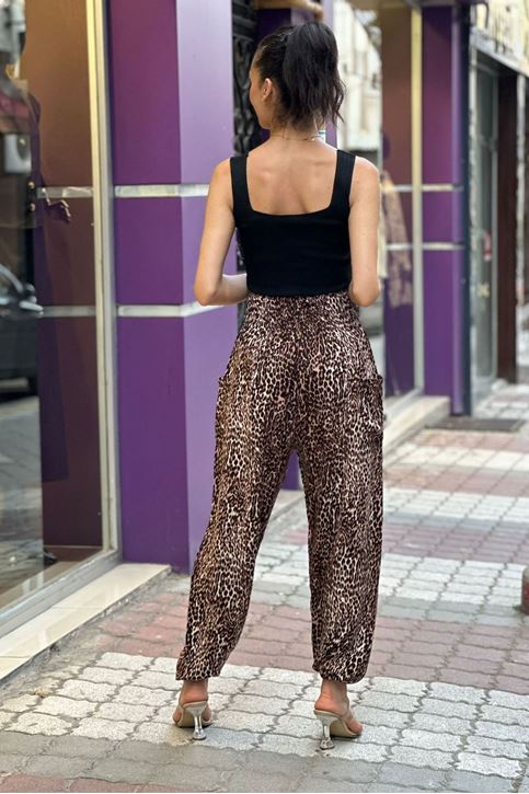 Bel Kalın korse Lastikli Cepli Leopar Desen Şalvar Pantolon-Leopar